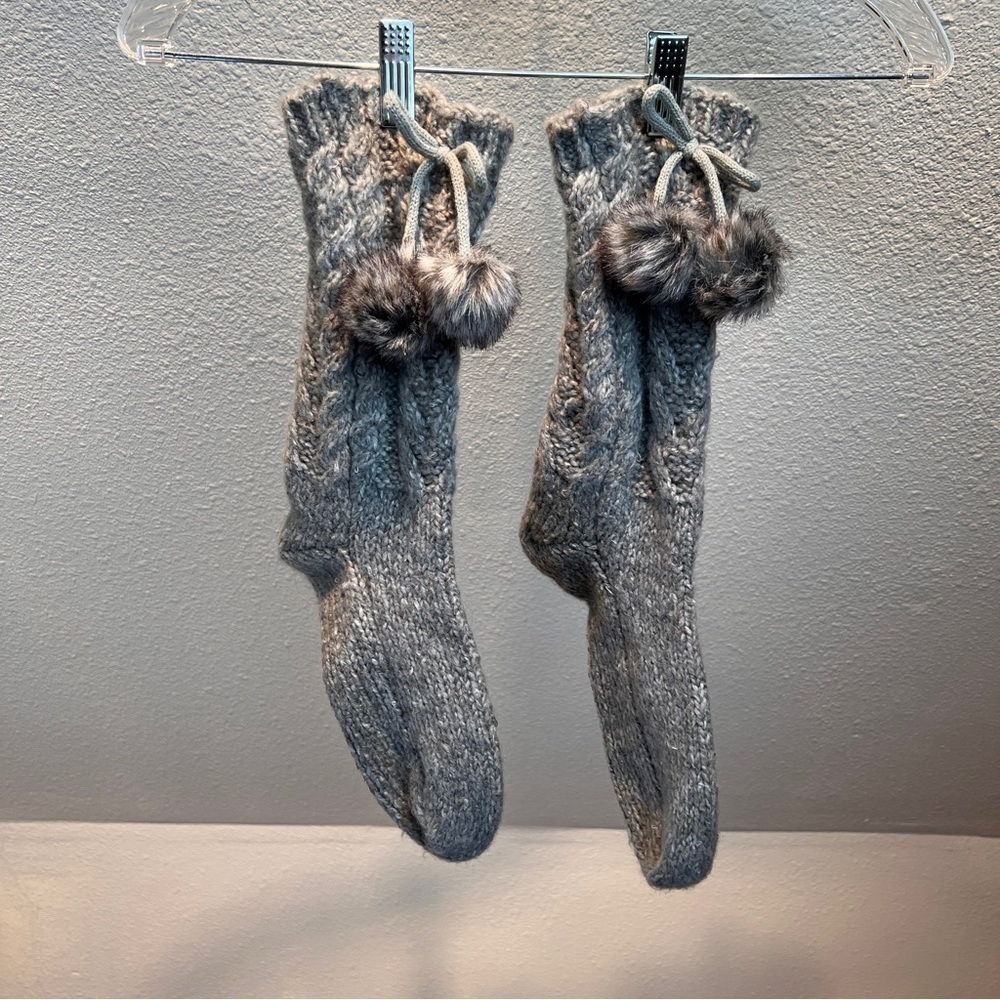 WOOL Stockings with Fur Ball Tassels. Have Non-Skid bottom. Cable knitted.